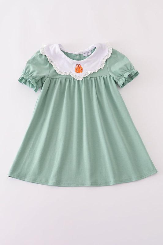 Green pumpkin bow embroidery dress